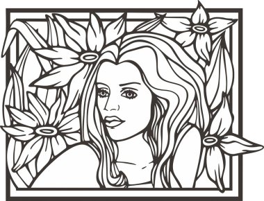 Çiçekli güzel kadın portresi, vektör serisi. Doğal arka planda zarif genç bir bayan. Art deco kız serisi. Dekoratif tasarımlar, güzellik, spa, makyaj ve moda projeleri, düğün tasarımları, boyama kitapçıkları için harika..