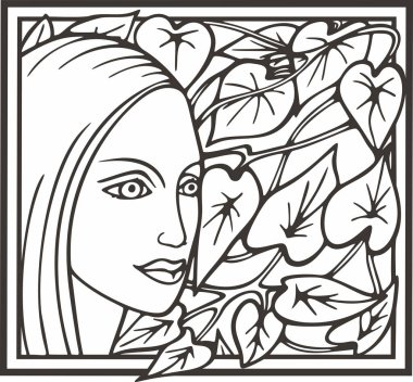 Çiçekli güzel kadın portresi, vektör serisi. Doğal arka planda zarif genç bir bayan. Art deco kız serisi. Dekoratif tasarımlar, güzellik, spa, makyaj ve moda projeleri, düğün tasarımları, boyama kitapçıkları için harika..