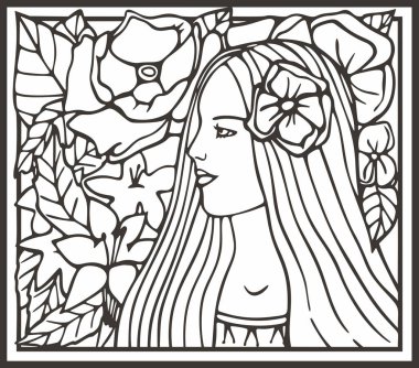 Çiçekli güzel kadın portresi, vektör serisi. Doğal arka planda zarif genç bir bayan. Art deco kız serisi. Dekoratif tasarımlar, güzellik, spa, makyaj ve moda projeleri, düğün tasarımları, boyama kitapçıkları için harika..