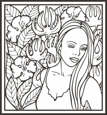 Çiçekli güzel kadın portresi, vektör serisi. Doğal arka planda zarif genç bir bayan. Art deco kız serisi. Dekoratif tasarımlar, güzellik, spa, makyaj ve moda projeleri, düğün tasarımları, boyama kitapçıkları için harika..