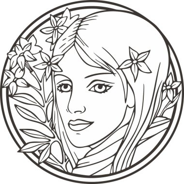 Çiçekli güzel kadın portresi, vektör serisi. Doğal arka planda zarif genç bir bayan. Art deco kız serisi. Dekoratif tasarımlar, güzellik, spa, makyaj ve moda projeleri, düğün tasarımları, boyama kitapçıkları için harika..