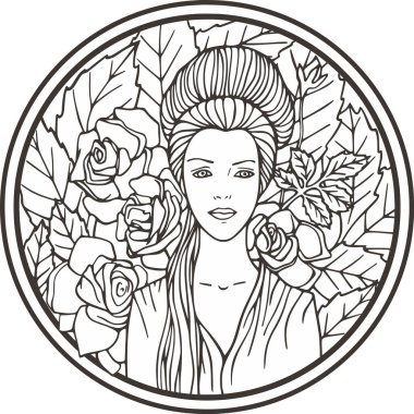 Çiçekli güzel kadın portresi, vektör serisi. Doğal arka planda zarif genç bir bayan. Art deco kız serisi. Dekoratif tasarımlar, güzellik, spa, makyaj ve moda projeleri, düğün tasarımları, boyama kitapçıkları için harika..