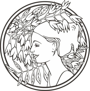 Çiçekli güzel kadın portresi, vektör serisi. Doğal arka planda zarif genç bir bayan. Art deco kız serisi. Dekoratif tasarımlar, güzellik, spa, makyaj ve moda projeleri, düğün tasarımları, boyama kitapçıkları için harika..