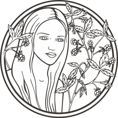 Ahududulu güzel kadın portresi, vektör serisi. Doğal arka planda zarif genç bir bayan. Art deco kız serisi. Dekoratif tasarımlar, güzellik, spa, makyaj ve moda projeleri, düğün tasarımları, boyama kitapçıkları için harika..