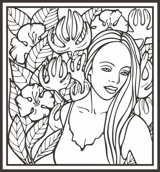 Çiçekli güzel kadın portresi, vektör serisi. Doğal arka planda zarif genç bir bayan. Art deco kız serisi. Dekoratif tasarımlar, güzellik, spa, makyaj ve moda projeleri, düğün tasarımları, boyama kitapçıkları için harika..