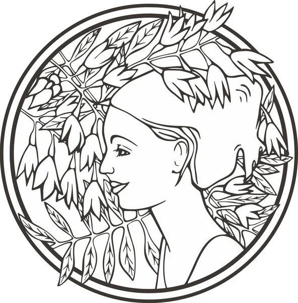 Çiçekli güzel kadın portresi, vektör serisi. Doğal arka planda zarif genç bir bayan. Art deco kız serisi. Dekoratif tasarımlar, güzellik, spa, makyaj ve moda projeleri, düğün tasarımları, boyama kitapçıkları için harika..