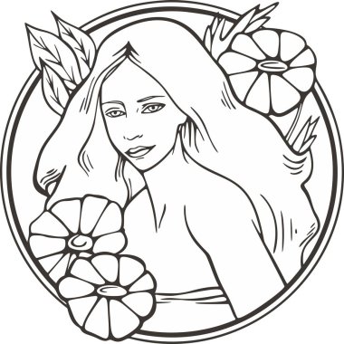 Çiçekli güzel kadın portresi, vektör serisi. Doğal arka planda zarif genç bir bayan. Art deco kız serisi. Dekoratif tasarımlar, güzellik, spa, makyaj ve moda projeleri, düğün tasarımları, boyama kitapçıkları için harika..