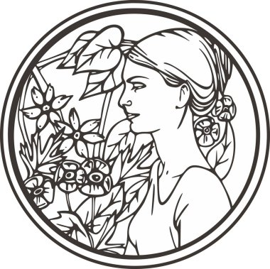 Çiçekli güzel kadın portresi, vektör serisi. Doğal arka planda zarif genç bir bayan. Art deco kız serisi. Dekoratif tasarımlar, güzellik, spa, makyaj ve moda projeleri, düğün tasarımları, boyama kitapçıkları için harika..