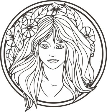 Çiçekli güzel kadın portresi, vektör serisi. Doğal arka planda zarif genç bir bayan. Art deco kız serisi. Dekoratif tasarımlar, güzellik, spa, makyaj ve moda projeleri, düğün tasarımları, boyama kitapçıkları için harika..