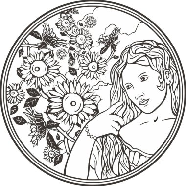 Çiçekli güzel kadın portresi, vektör serisi. Doğal arka planda zarif genç bir bayan. Art deco kız serisi. Dekoratif tasarımlar, güzellik, spa, makyaj ve moda projeleri, düğün tasarımları, boyama kitapçıkları için harika..