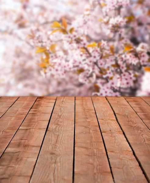 Деревянные доски с вишневыми цветами — стоковое фото