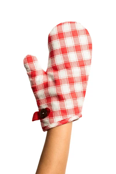 Φούρνος mitten προστατευτικό με το χέρι γυναίκα — Φωτογραφία Αρχείου