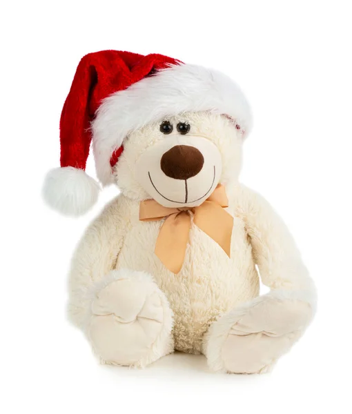 Speelgoedteddybeer Met Een Kerstmuts Een Witte Achtergrond — Stockfoto