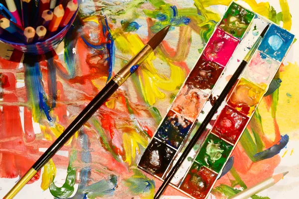 Artist Forgot Table Palette Brush Watercolors Tubes — Stock Photo, Image