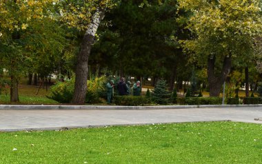 Şehir parkındaki işçiler yayılan bir ağacın altında dinleniyorlar..