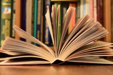 Masanın üzerinde vantilatörde açık bir kitap var. Arka plan bulanık, yüksek kaliteli fotoğraf.