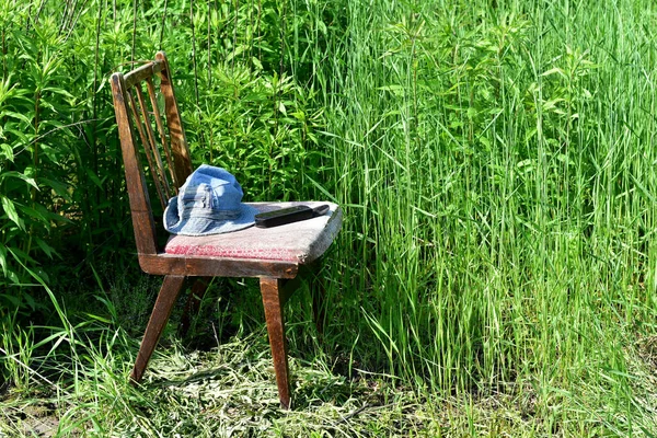 Jardim Nos Arbustos Está Uma Cadeira Madeira Esquecida Com Uma — Fotografia de Stock