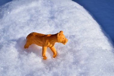 Oyuncak dişi aslan kar yığınlarında yürür..