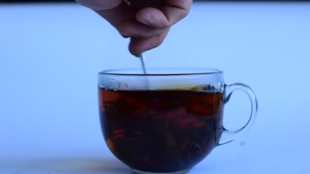 Tea Brewed Glass Goblet Helps Process Stirring Tea Leaves Spoon — Stock Video