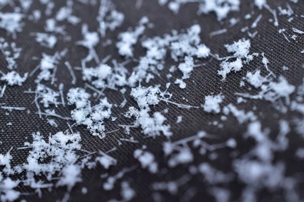 Flocos de neve caídos close-up em preto. — Fotografia de Stock
