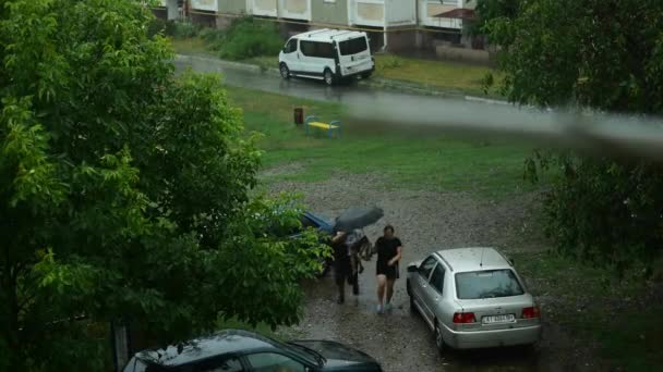 悪天候だ 雨が激しく降っている 屋根の下を走る傘の後ろに隠れている人々 — ストック動画