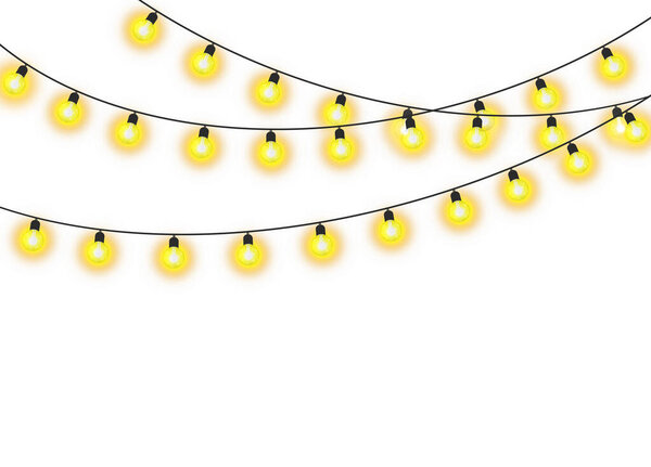 Christmas lights isolated realistic design elements. Glowing garlands. Vector illustration.