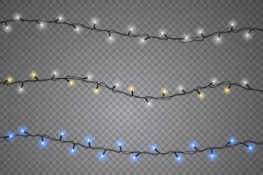 Bir dizi Noel ışığı gerçekçi tasarım elementlerini izole etti. Xmas tatil kartları, afişler, posterler, web tasarımı için parlayan ışıklar. Çelenkler. Vektör illüstrasyonu.