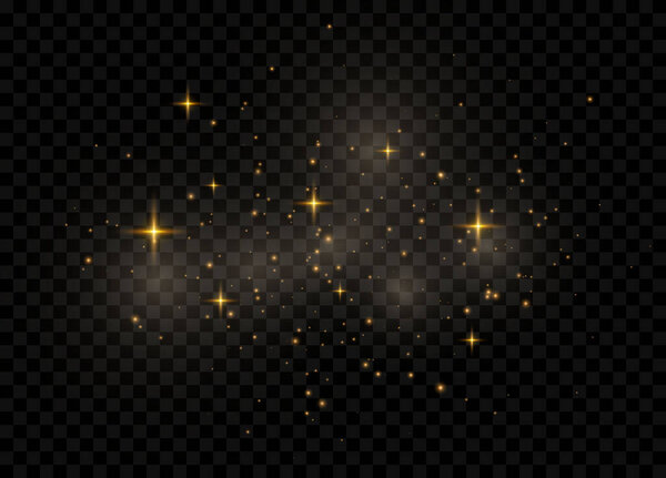 The dust sparks and golden stars shine with special light. Glittering magical dust particles. Vector illustration.