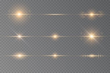 Işık ışınları ve sihirli parıltılarla özel efekt. Sarı yatay mercek fişekleri paketi. Güneş ışığı şeffaf. Işık efektinin tasarımı. Vektör illüstrasyonu