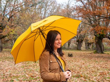 Kışın meşe ormanında sarı şemsiyeli güzel bir kadın..
