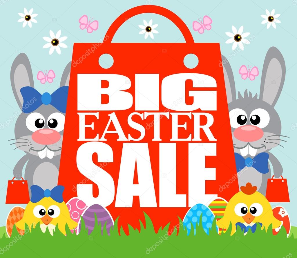 Big Easter Sale with funny chickens and rabbits