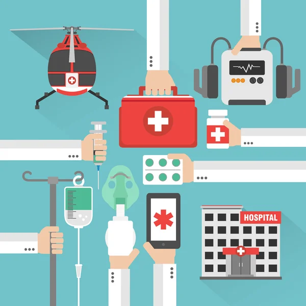Orvosi helikopter, kórházi lapos kivitel kártya kézzel — Stock Vector