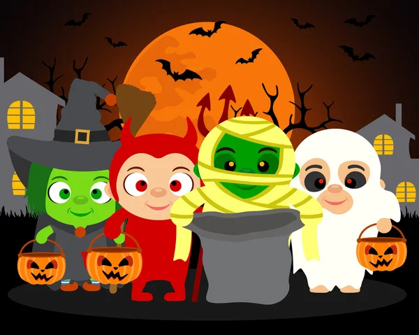 Dolcetto o scherzetto, sfondo vettoriale Halloween con bambini — Vettoriale Stock
