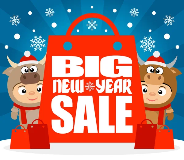 Big New Year Sale Poster Banner Kids Christmas Costume Bull — Stock Vector