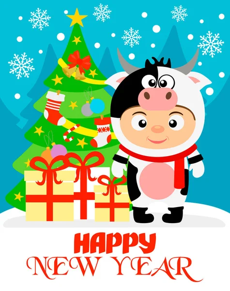 幸せな新年のポスター クリスマスツリーと衣装の牛の子供とバナー ベクターイラスト — ストックベクタ