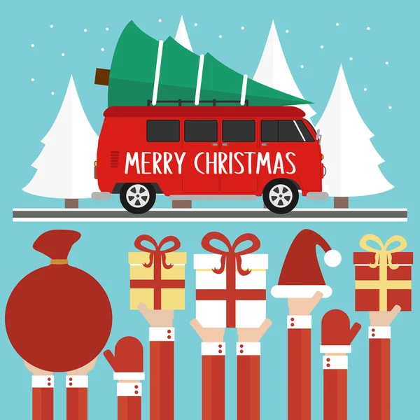 Frohe Weihnachten Greatings Konzept Design Flach Kleinbus Mit Weihnachtsbaum Vektorillustration — Stockvektor