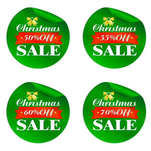 Christmas Sale Green Stickers Set Gold Bell Red Ribbon Vector — Stock Vector