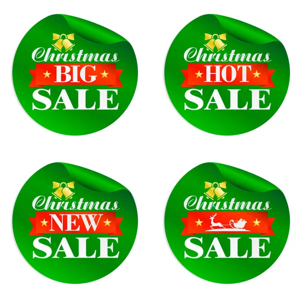 Julförsäljning Gröna Klistermärken Som Stora Heta Försäljning Med Guldklocka Rött — Stock vektor