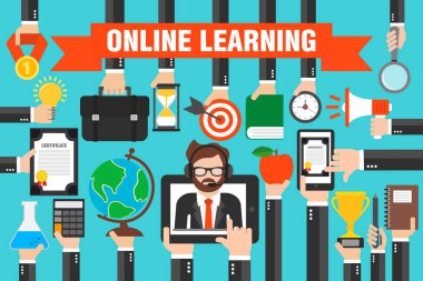 Düz tasarım kavramları, online öğrenme, akıllı telefon ve online öğretmen. Vektör illüstrasyonu