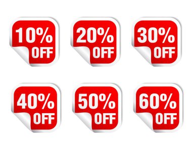 Kırmızı etiket ikonu seti. % 10,% 20,% 30,% 40,% 50,% 60 indirim. Vektör illüstrasyonu