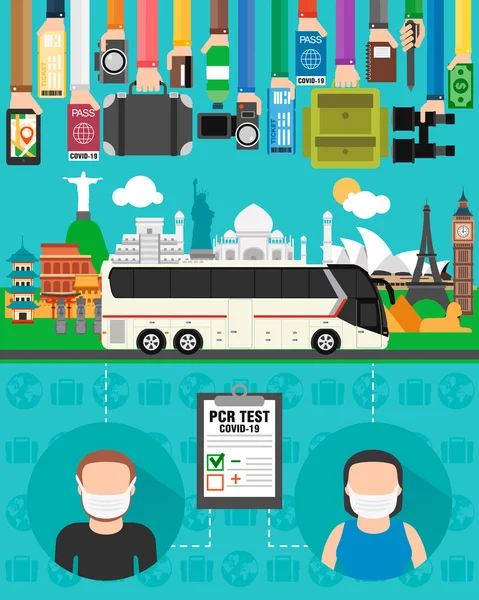 Diseño Plano Viaje Viaja Autobús Par Turistas Listos Para Viajar Ilustraciones de stock libres de derechos