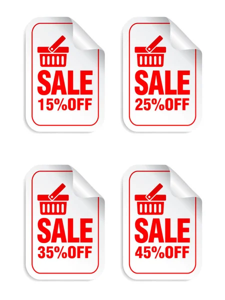 Sale Stickers Set Met Mandje Verkoop Stickers Korting Vectorillustratie — Stockvector