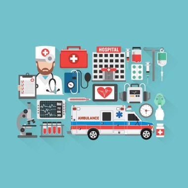 Tıbbi konsept düz tasarım. Doktor, ambulans ve tıbbi ikon seti. Vektör illüstrasyonu