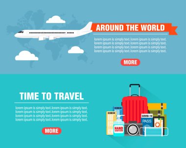 Seyahat konsepti düz pankart seti. Seyahat zamanı. Dünyanın her yerinde. Seyahat ikonu. İyi yolculuklar. Vektör illüstrasyonu