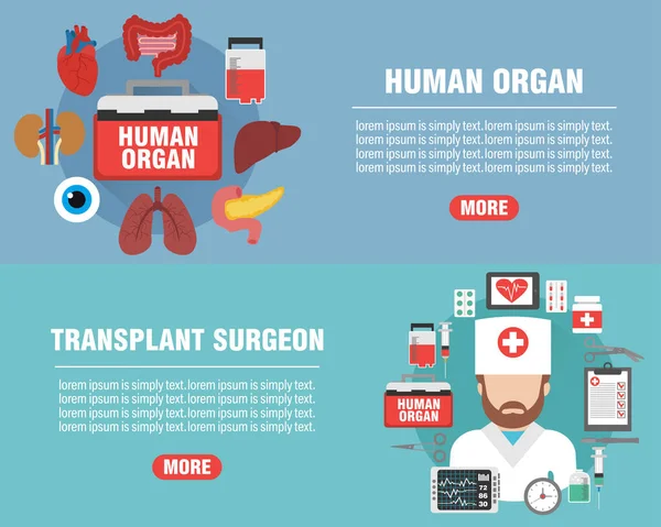 Bandeiras Planas Design Médico Definidas Cirurgião Transplante Ícone Órgão Humano —  Vetores de Stock