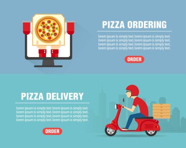Pizza siparişi konsept tasarım düz pankart seti. Pizza teslimatçısı motosiklet kullanıyor. Pizza ikonu. Vektör illüstrasyonu