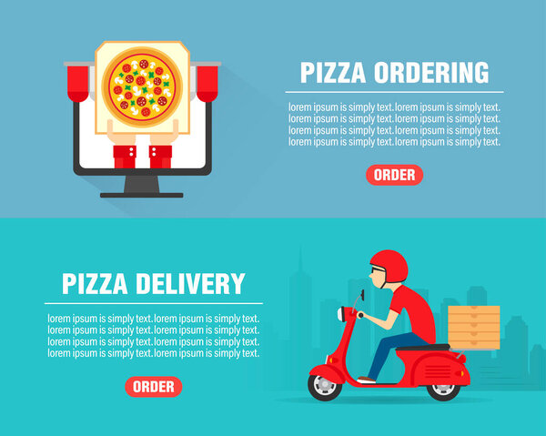 Pizza ordering concept design flat banners set. Pizza Delivery man ride scooter motorcycle. Pizza icon. Vector illustration