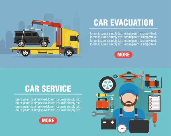Концепция Обслуживания Автомобилей Дизайн Плоские Баннеры Набор Эвакуация Машины Mechanic — стоковый вектор