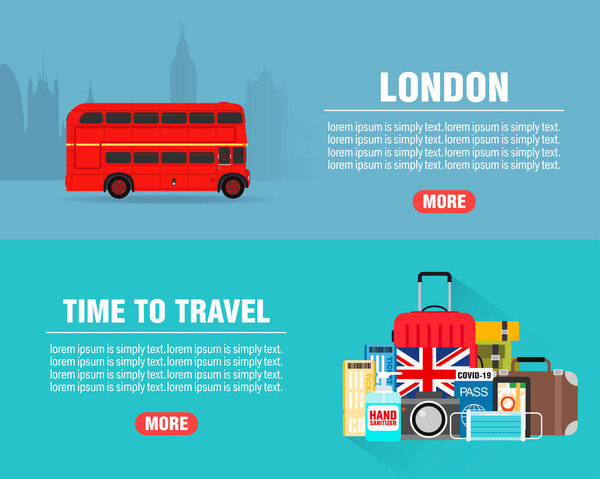 London travel concept design flat banners set. Time to travel. Travel icon. Safe journey. Vector illustration