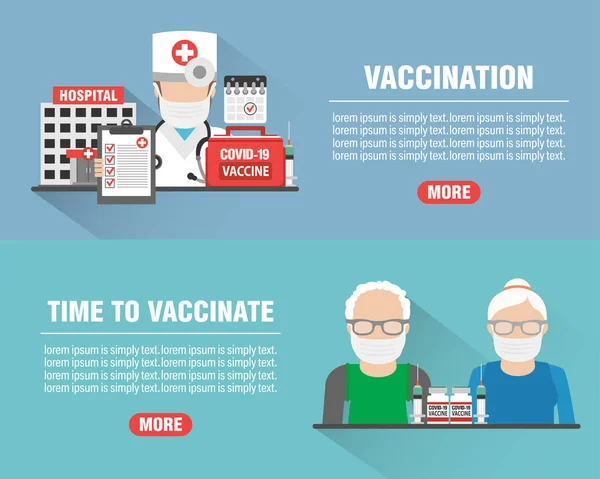 Ιατρικό Σχεδιασμό Επίπεδη Πανό Που Νοσοκομείο Και Γιατρό Εικονίδιο Εμβολιασμός — Διανυσματικό Αρχείο